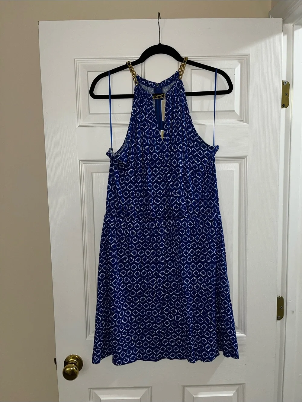 Michael Kohrs Blue Sleeveless Halter Dress with Gold Chain Detail